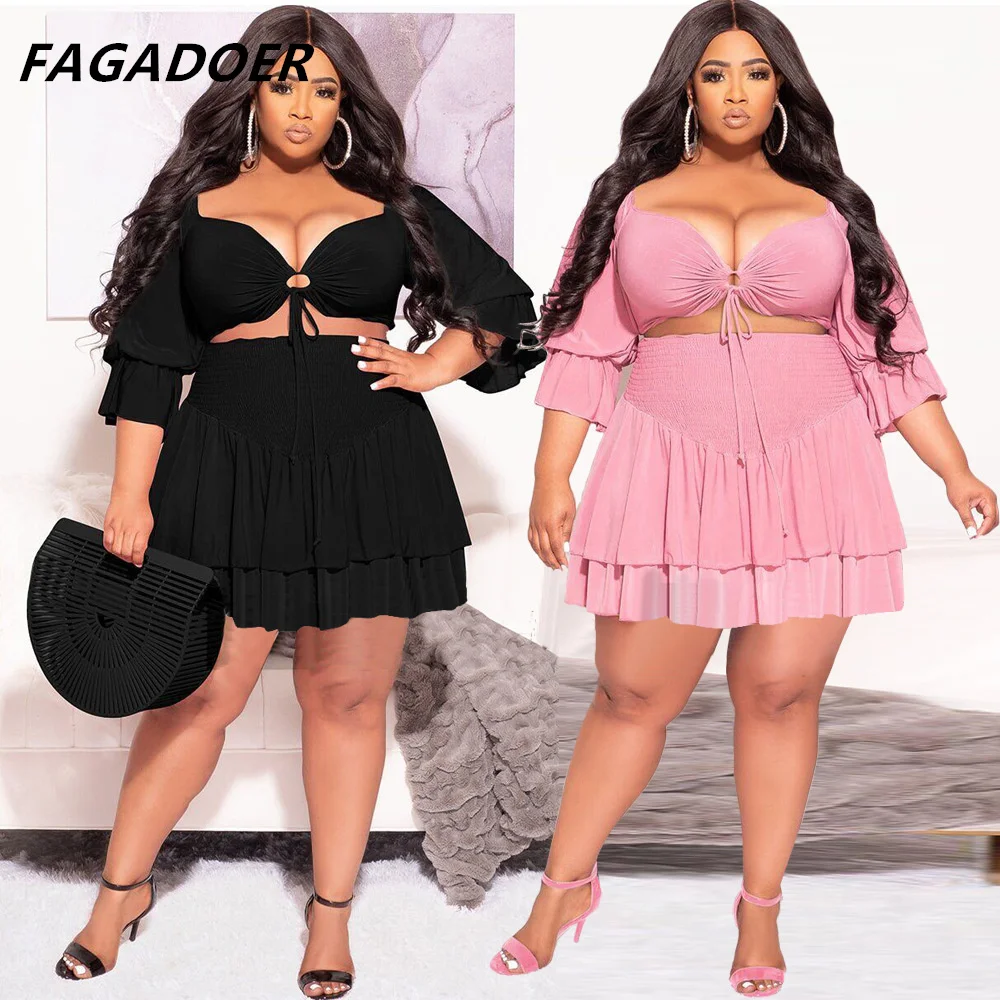 

FAGADOER Streetwear 2 Two Piece Sets Women V-Neck Sleeveless Lace Up Crop Top + Mini Ruffed Skirts Suits Casual Outfits 2022 New