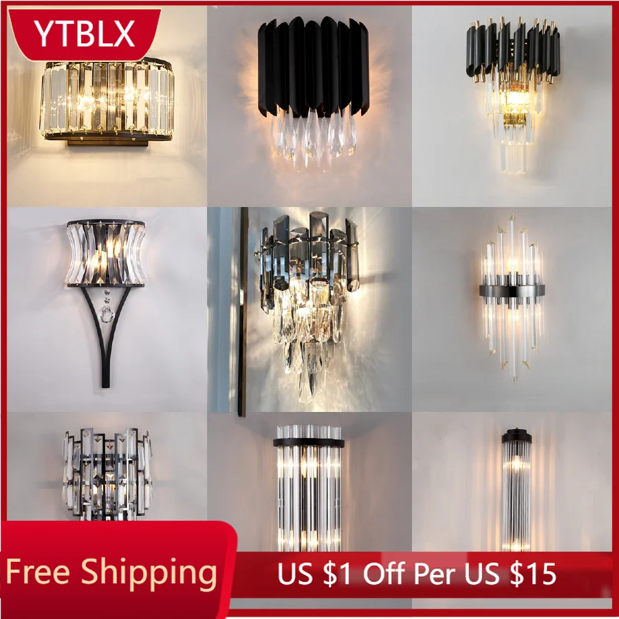 

Postmodern Crystal Wall Lamp Luxury Black Decor Sconce Indoor Living Room Bedroom Kitchen Background Creative Stair Aisle Lamp