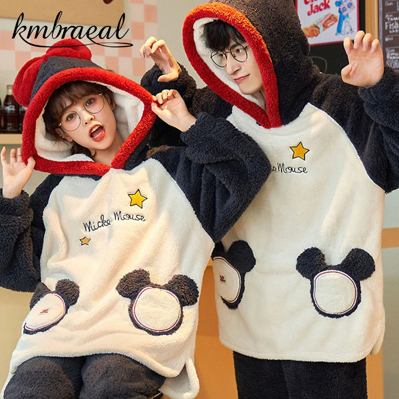 

Зимние мужские теплые пижамные комплекты, толстая Фланелевая пижама, модная Осенняя мужская пижама с капюшоном для пар, пижама с мультяшным...