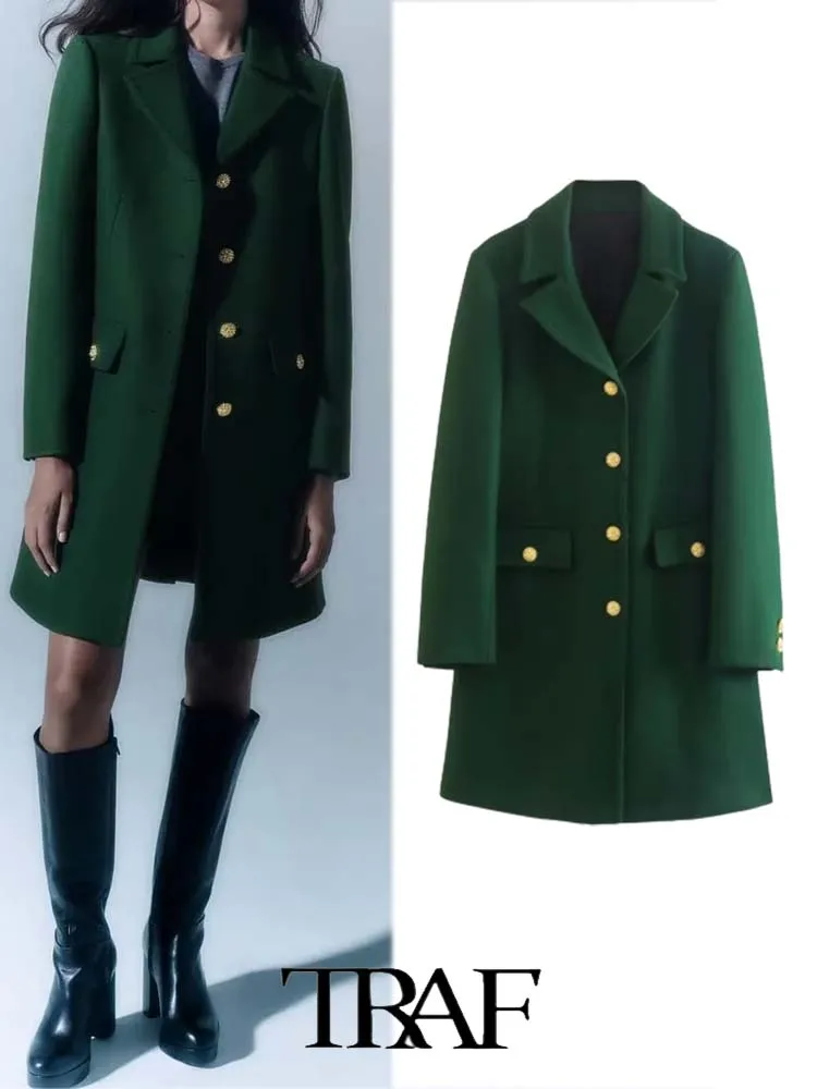 

TRAF 2022 Autumn Winter Overcoat Women Fashion Solid Slim Fit Long Wool Coat with Gold Buttons Jacket Female Outerwear