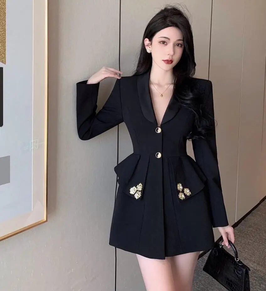 French Retro Style Back Strap Bow Slim Waist Suit Jacket Women's Spring Autumn High Street Black Blazers s336 images - 6