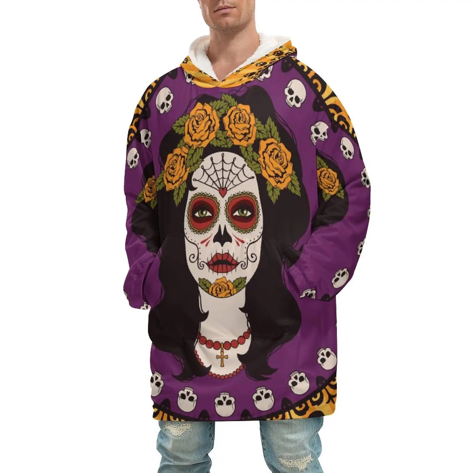 

Oversized Hoodie Blanket for Adult Wearable Blankets for Winter Warm Outdoor Hoody Sweatshirt Sugar Skull Girl