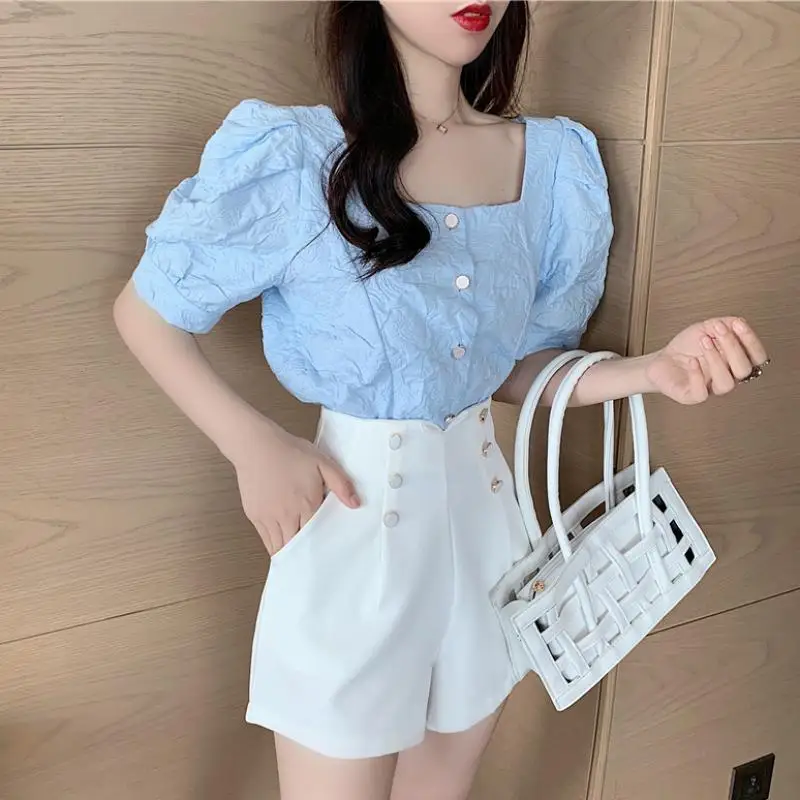 

Women 2022 Summer Fashion Sweet 2 Piece Sets Female Short Square Collar Shirts Ladies High Waist Wide Leg Shorts Suits W138