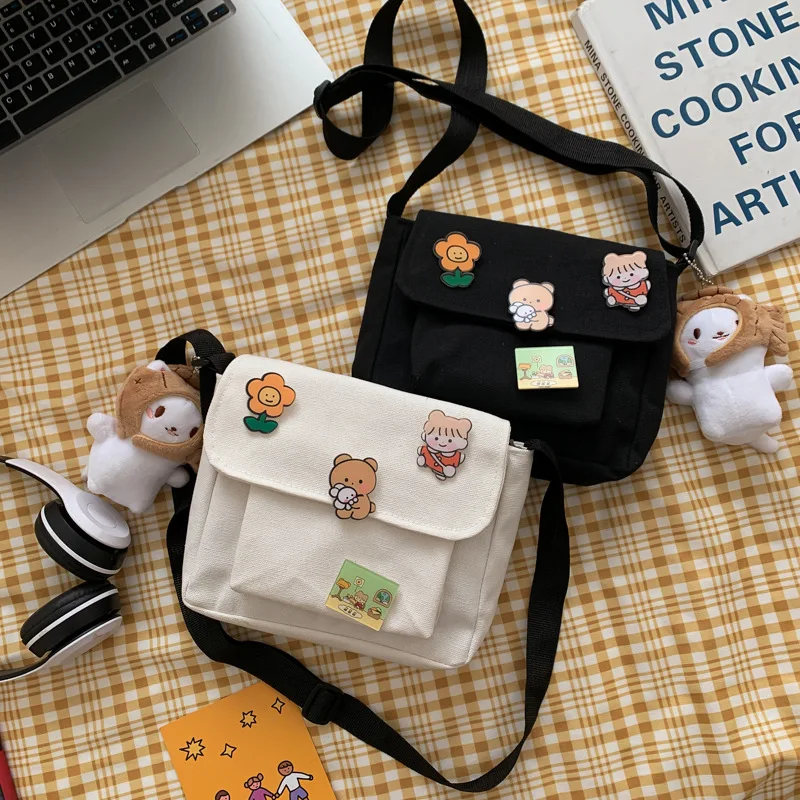 

Fashion Crossbody Bags Women Canvas Flap-bag Kawaii Harajuku All-match Students Casual Female Handbags Korean With Bear Pendant