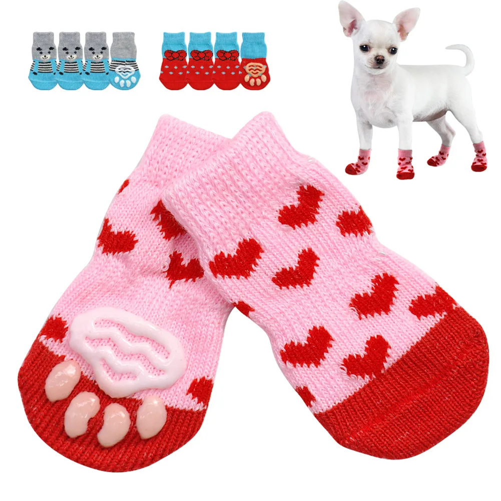 

4pcs Pet Knits Socks Warm Puppy Dog Socks Anti-Slip Warm Cat Shoes Chihuahua Thick Paw Protector Dog Socks Booties Accessories