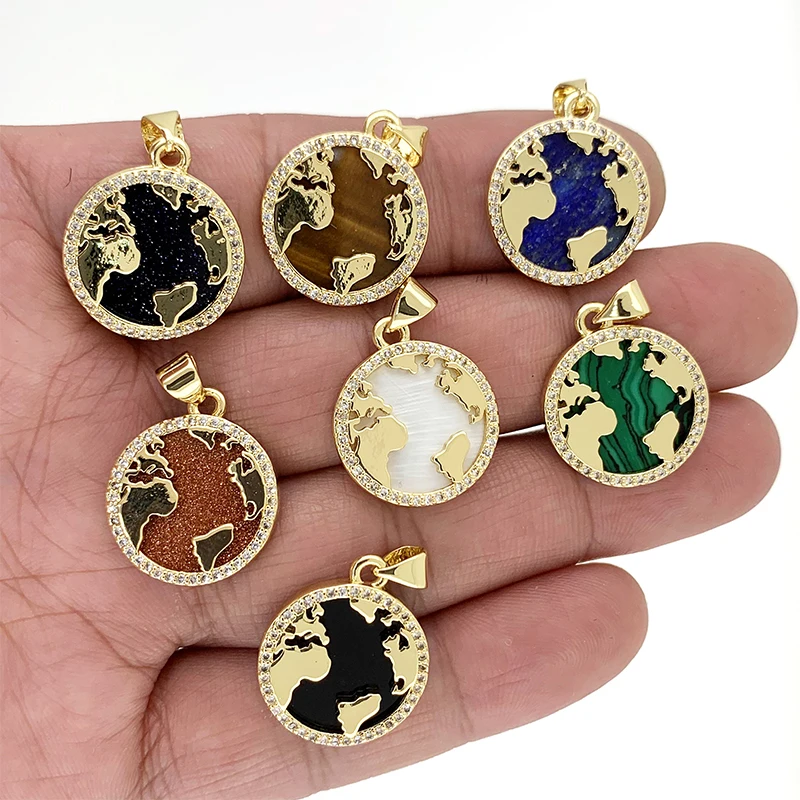 

Luxury Round World Map The Earth Pendant Malachite/Lapis Lazuli/Tiger's Eye Stone/Zircon Jewelry Making Accessories For Women