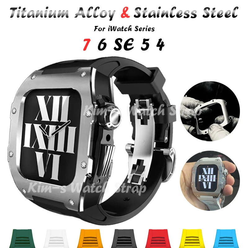 

Titanium Alloy Stainless Steel Modification kit for Apple Watch 7 45mm Fluorine Rubber Strap for iWatch 6 SE 5 4 44mm Band Set