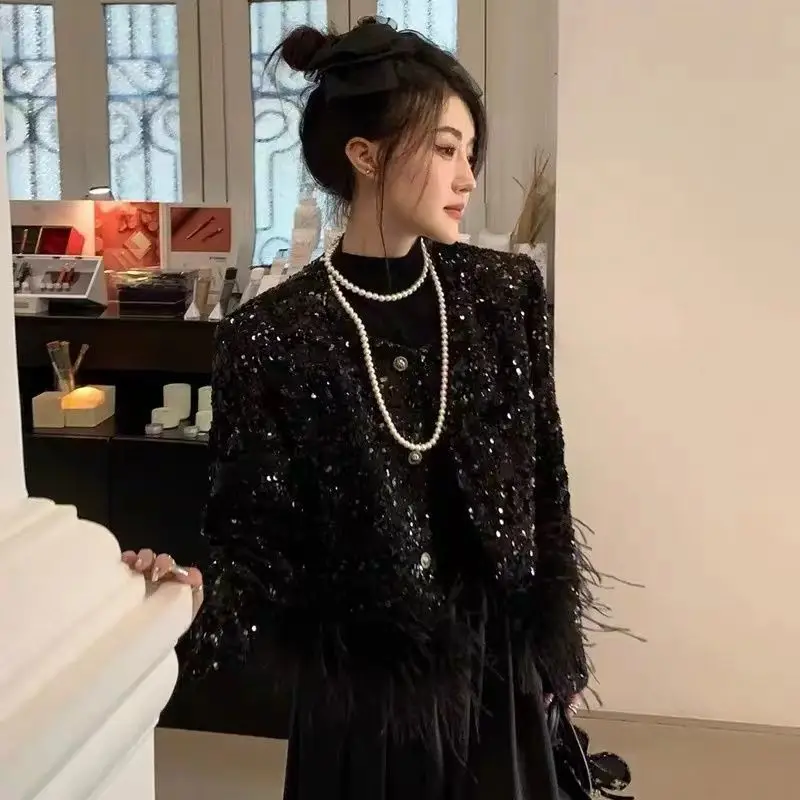 Женское осенне-зимнее черное маленькое ароматное грубое твидовое элегантное