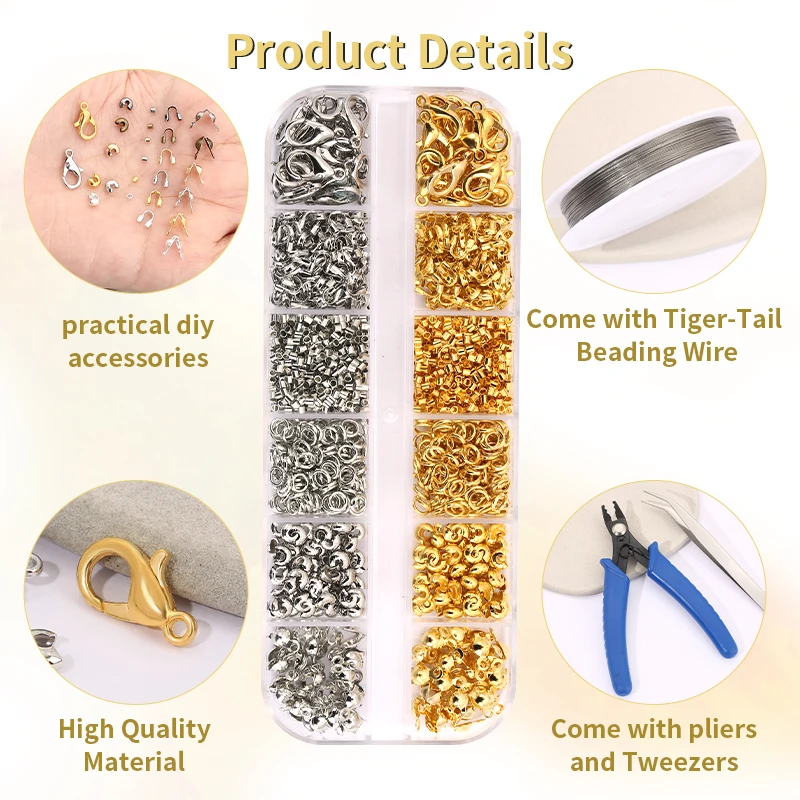 Brass Crimp Beads Tips Knot Covers Kit  Crimp Beads Covers Kit with Bead Crimping Pliers Tool for for Jewelry Making Supplies