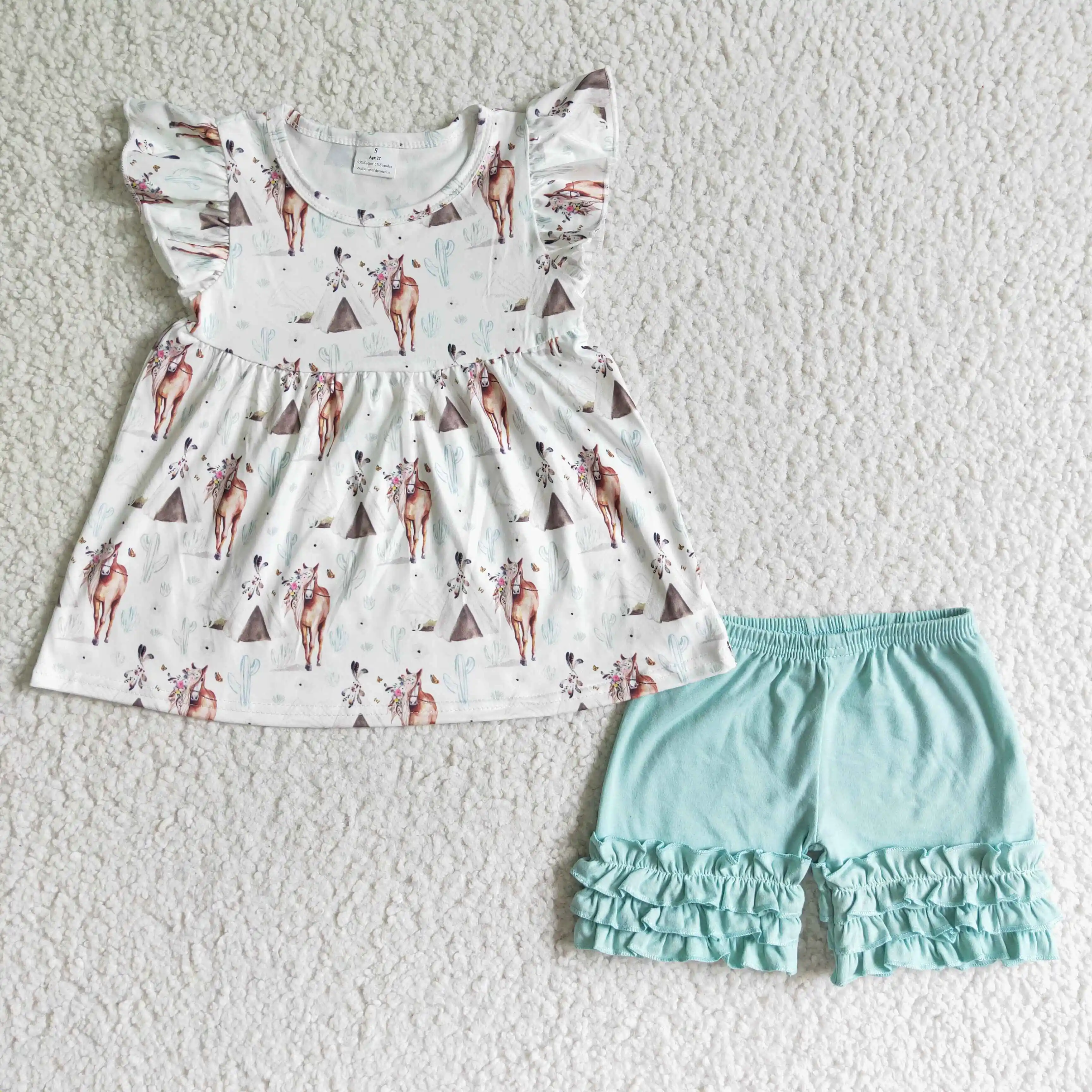 

summer girl clothes kids clothing set girl clothing set flutter sleeve t shirt and blue shorts children summer clothes set