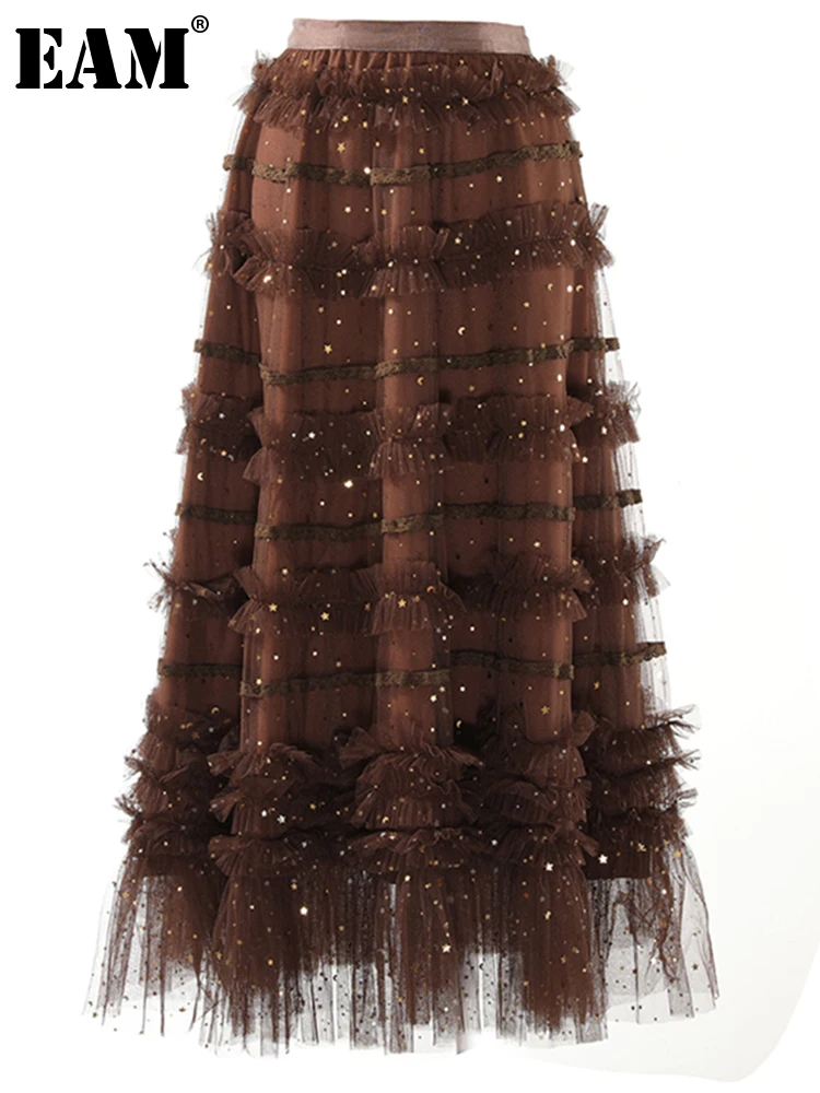 

[EAM] High Waist Brown Lace Spliced Long Shining Party Cake Half-body Skirt Women Fashion Tide New Spring Autumn 2022 1DE5846