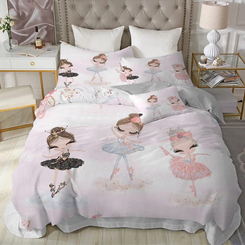 

Twin Size Microfiber Cartoon Unicorn Swan Ballet Girl Print Duvet Cover With Pillowcases Modern Lovely Princess Kids Bedding Set