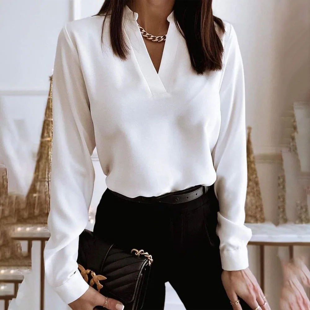 

2022 Elegant Office Workwear Blouse Women White Long Sleeve V-Neck Casual Tops Fashion Solid Daily Wear Shirts One Piece T-Shirt