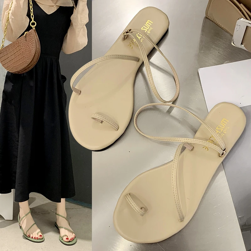 

Сандалии женские в стиле ретро, пляжные шлепанцы на тонком ремешке, открытый носок, плоская подошва, для отдыха на открытом воздухе, лето 2022