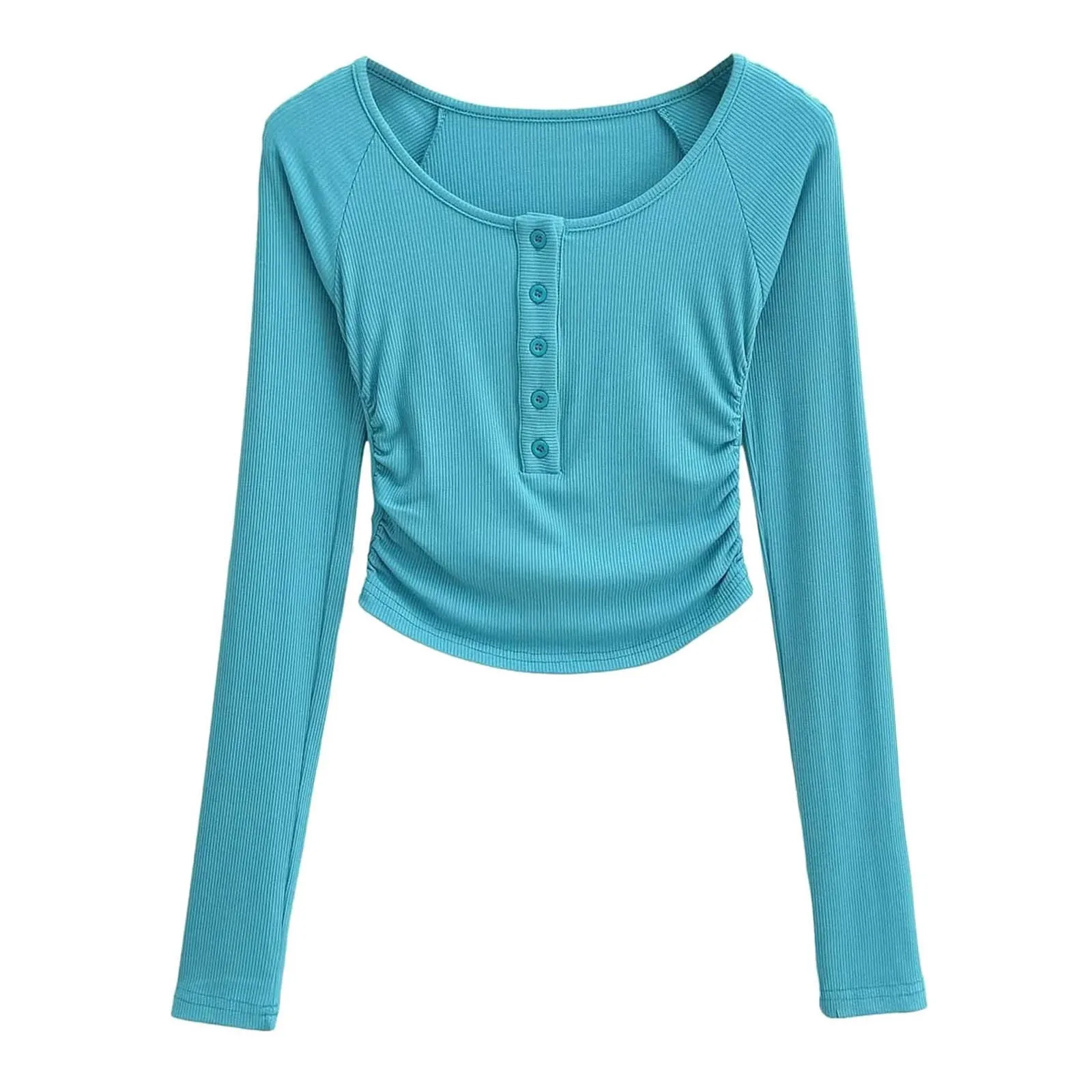 

Женский модный пуловер с круглым вырезом и пуговицами, топы, однотонная плиссированная короткая футболка, топ, Повседневная Блузка в рубчик с длинным рукавом