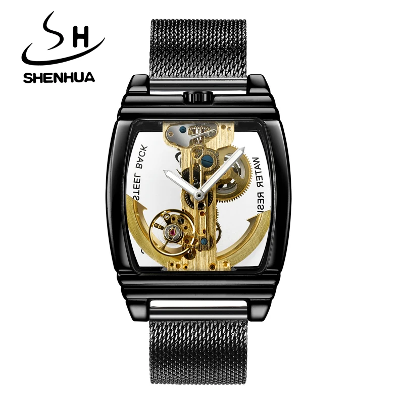 SHENHUA полые мужские часы прозрачные автоматические механические из нержавеющей