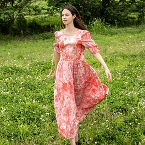 Женское шелковое платье с коротким рукавом, расклешенное платье из креп-жоржета с круглым вырезом и свободной талией, летнее платье из шелка персикового Красного литературного свободного покроя, AY178