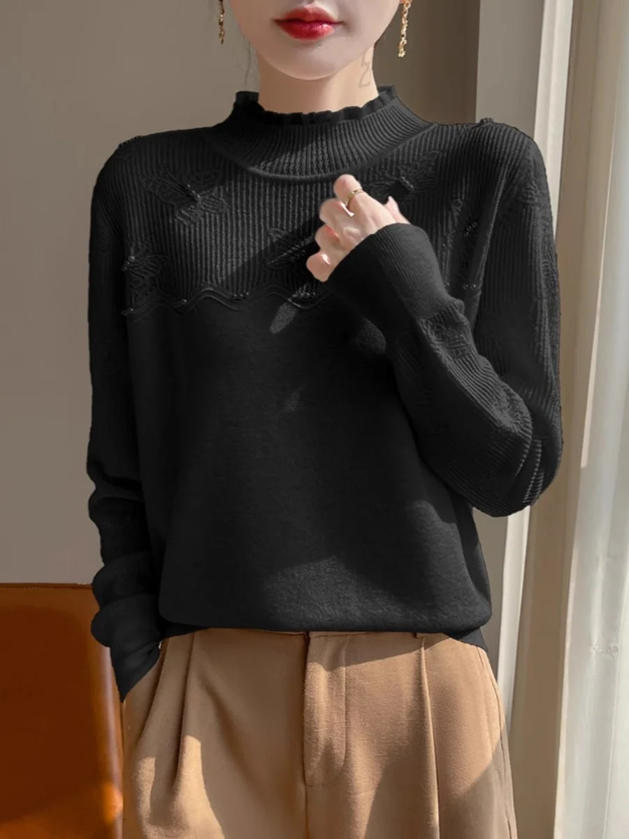 Gray Wear Organza Patchwork Wooden Ear Collar Knit Sweater Women Winter Three-Dimensional Crochet Bottoming Shirt Inner wear |