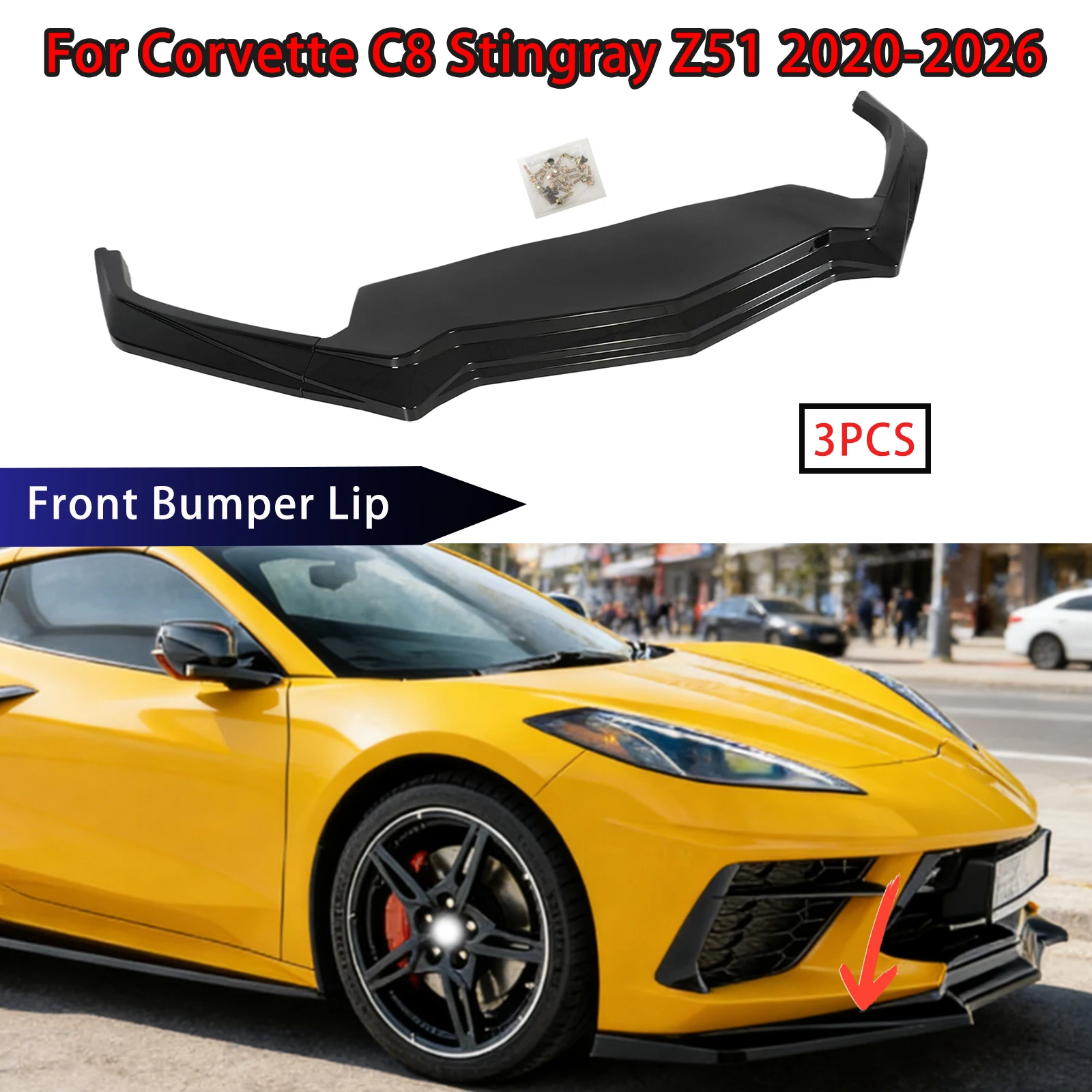 Фото Для Corvette C8 Stingray Z51 2020-2026: Накладка на передний бампер (карбоновый вид), матовый/глянцевый черный, внешние аксессуары, обвесы №1