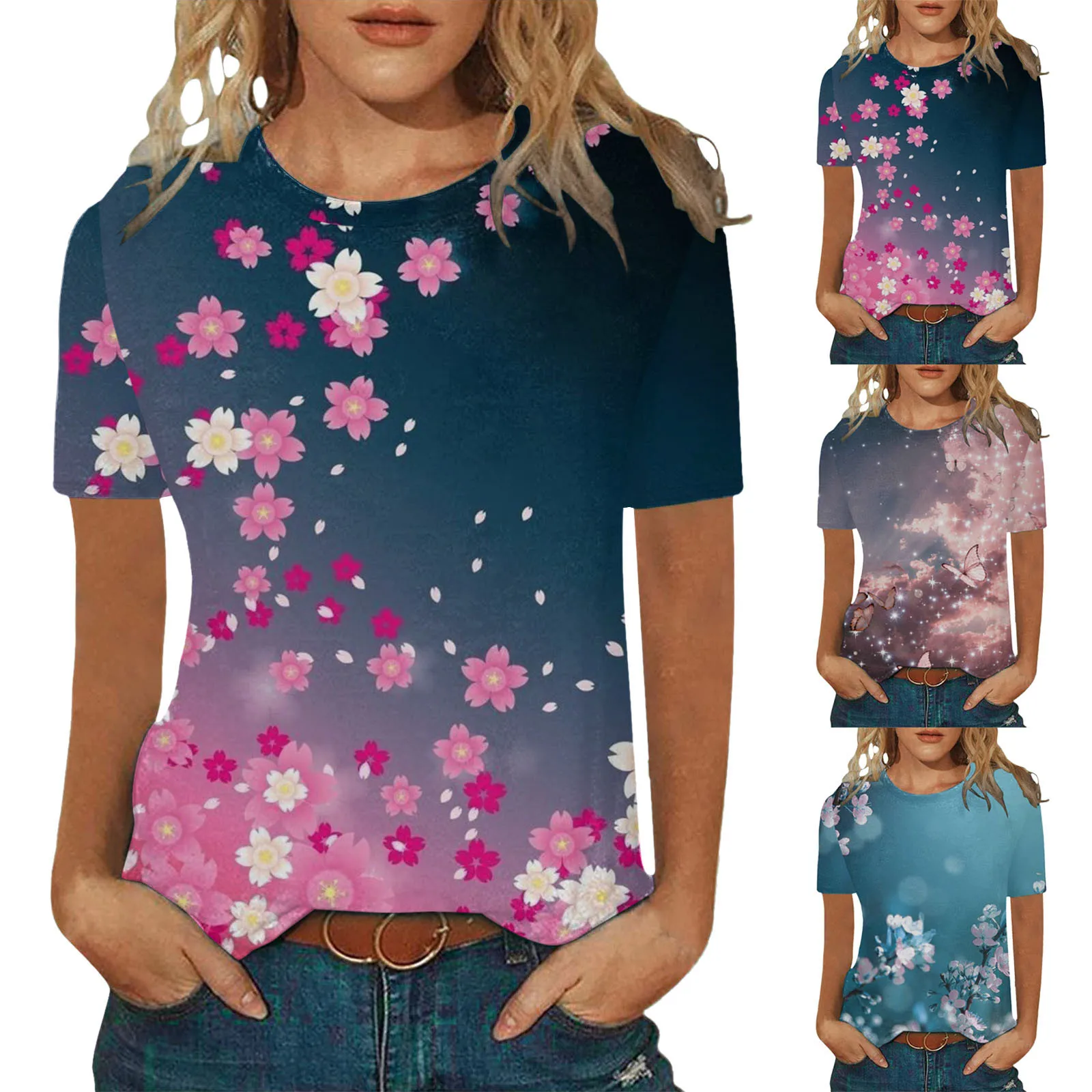 

Womens Casual Fashion Printed Pattern Short Sleeve Round Neck TShirt Top Women Clothes daily Graphic Pullover American retro