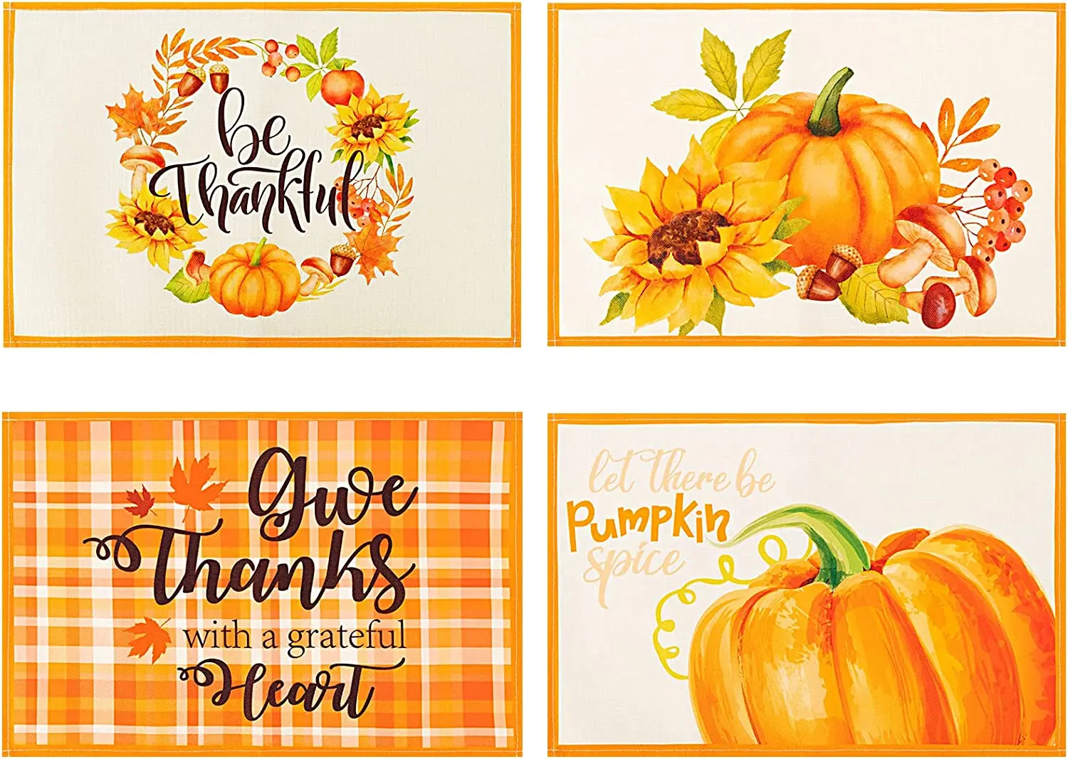 

Fall Placemats Set of 4 Give Thanks Pumpkin Place Mats 12x18 Inch Seasonal Harvest Holiday Rustic Vintage Thanksgiving Washable