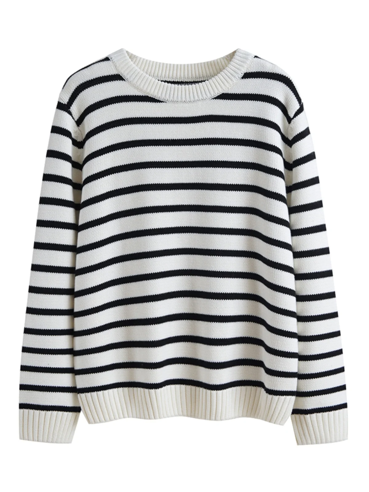 Черно-белый полосатый свитер Женский круглый вырез Осень и зима Новая верхняя