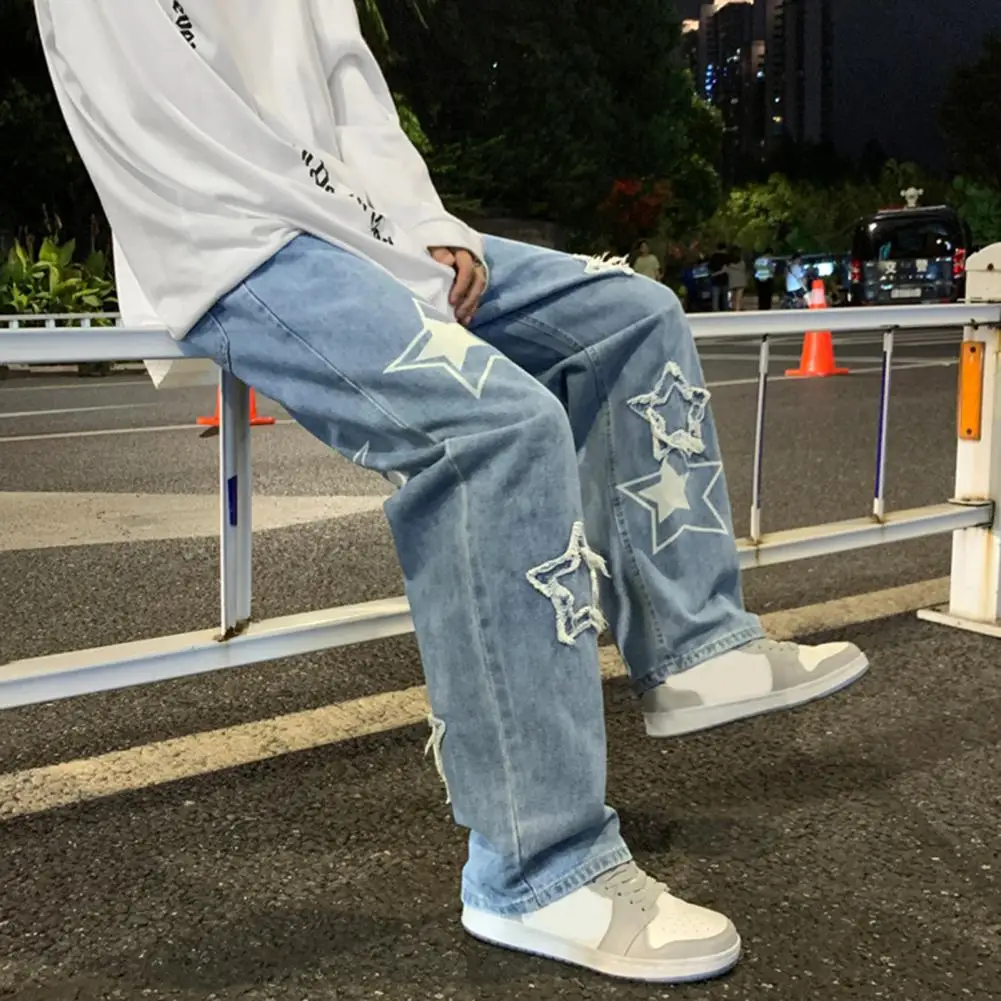 

Men Denim Pants Five-pointed Star Pattern Embroidery Loose Wide Leg Streetwear Solid Color Mid Waist Baggy Jeans Straight Trouse