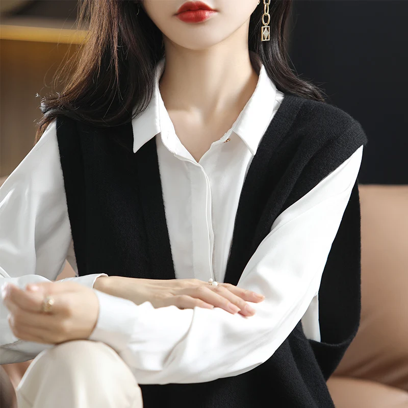 

Autumn and Winter New 100% Pure Wool Women's Large V-Neck Knitted Vest Cashmere Sweater Loose Pullover Over the Cuff