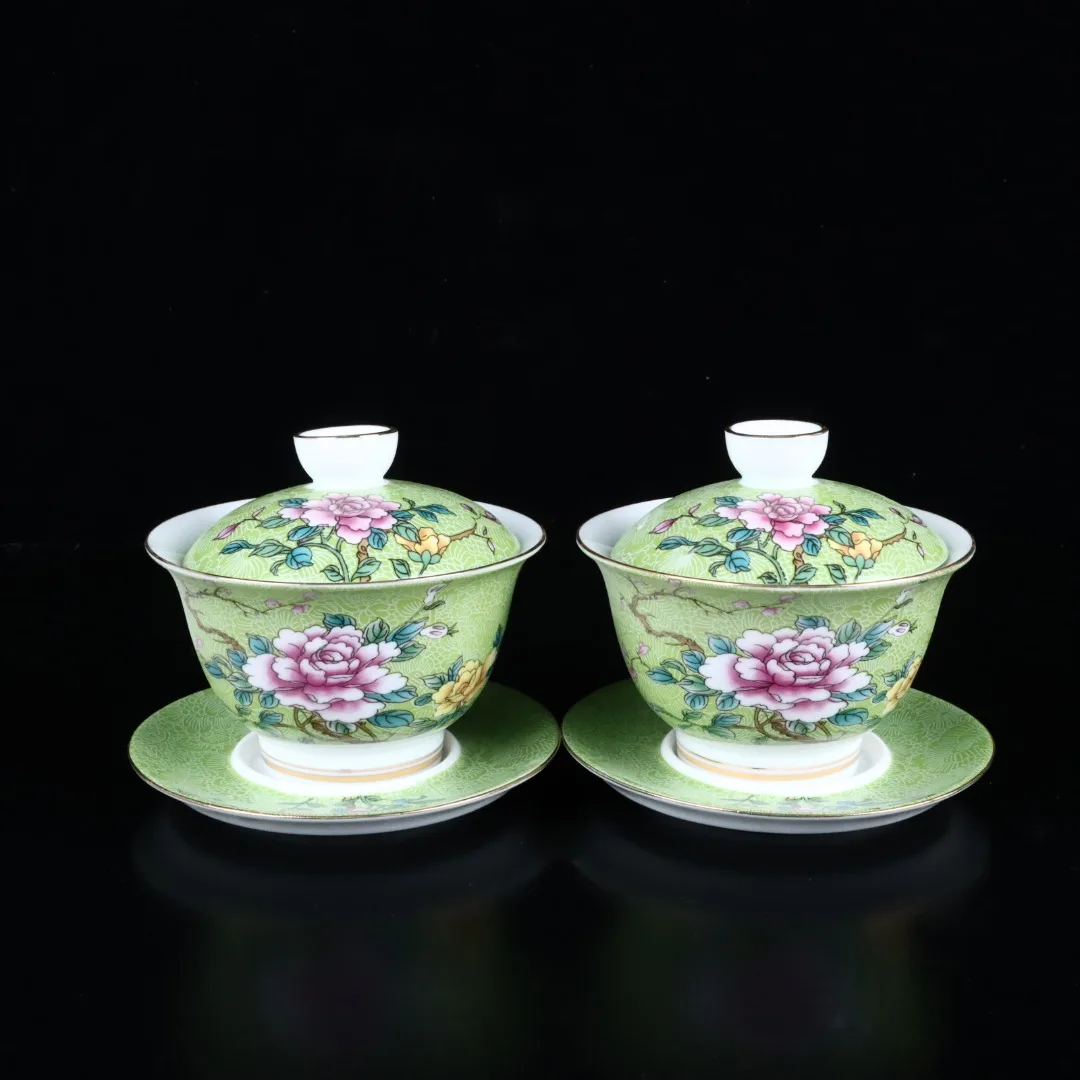 

4"Chinese Folk Collection Old Porcelain pastel flowers rich flowers gaiwan tray tea cup offering bowl a pair ornament Town house