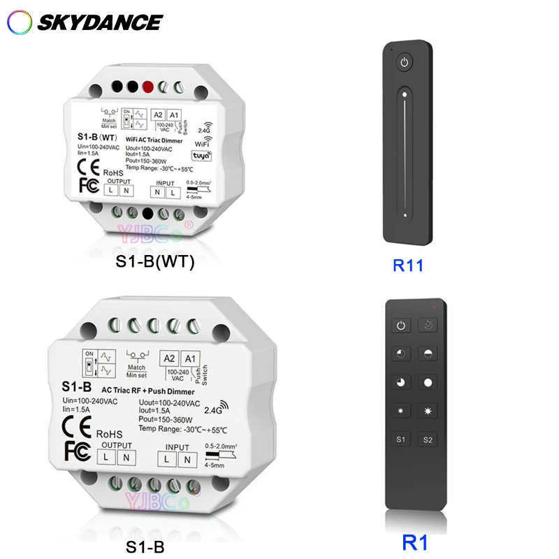 S1-B WT Wifi Led Triac RF Dimmer R1/R11 2.4G Wireless Remote AC 110V-220V 150W-360W 1.5A Push Dimmer LED Switch Controller