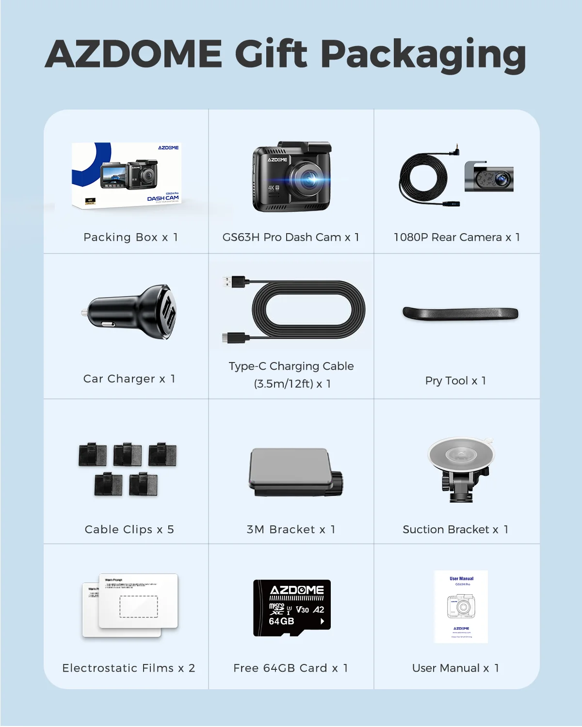 

Видеорегистратор AZDOME GS63H Pro 4K + 1080P, двухканальная запись, 2,4-дюймовый IPS-экран, GPS, Wi-Fi 6, приложение 130 ° FOV Автомобильный видеорегистратор 24H Монитор парковки