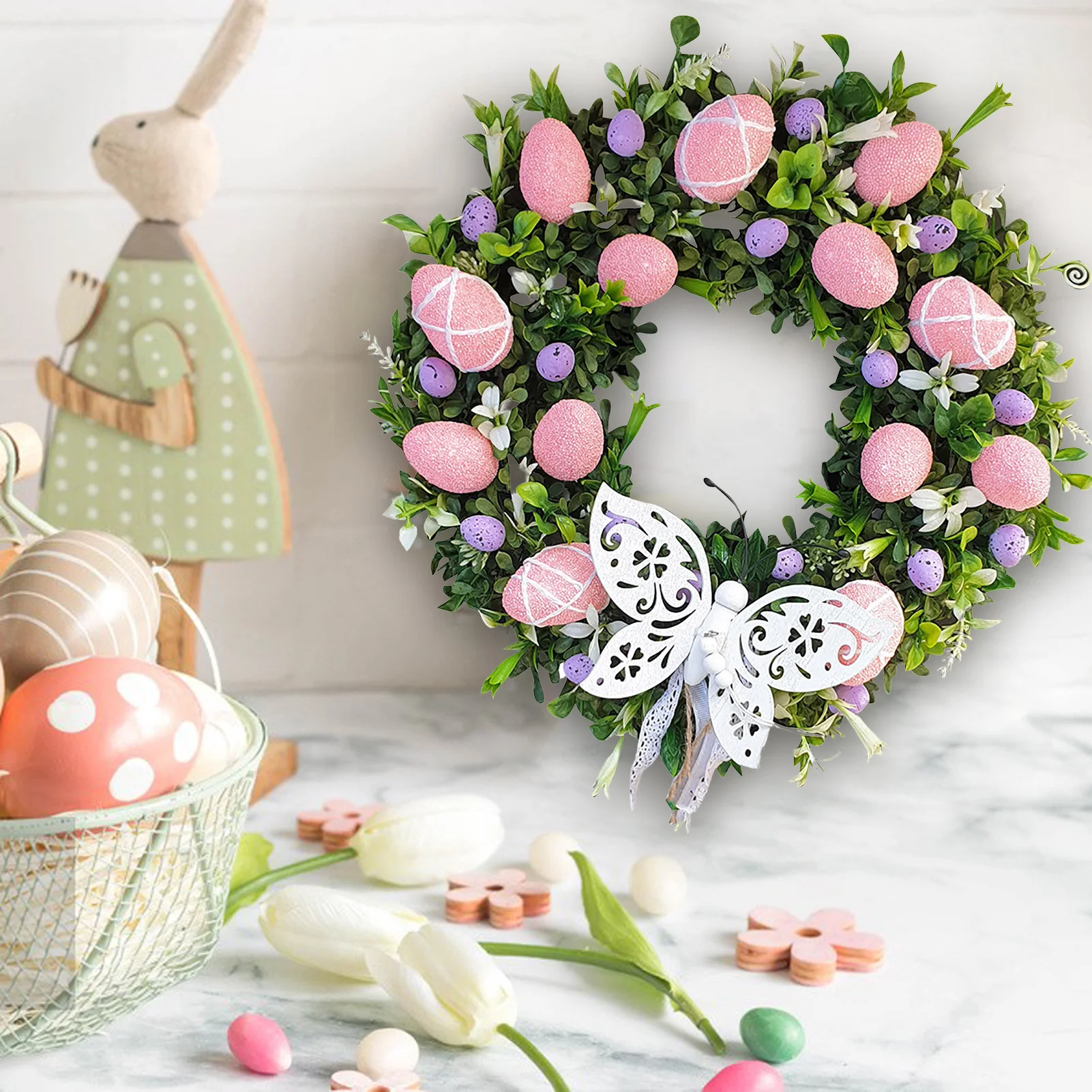 

Пасхальный венок, украшение 2022, яйца-бабочки, зеленые листья, счастливый кролик, Весенняя фотография, кролик, настенные украшения
