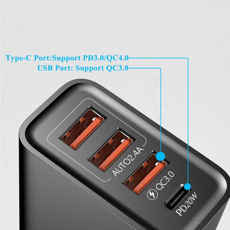 60W USB Type C Charger Quick Charge 3.0 Mobile Phone 4 Port Wall Fast PD Charger Adapter For iPhone 13 12 Pro Max Samsung Xiaomi