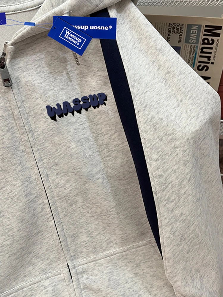 Wassup American vintage Contrast Color Cardigan Hoodie Men's Autumn and Winter New Overfit jacket Couple look Outerwear