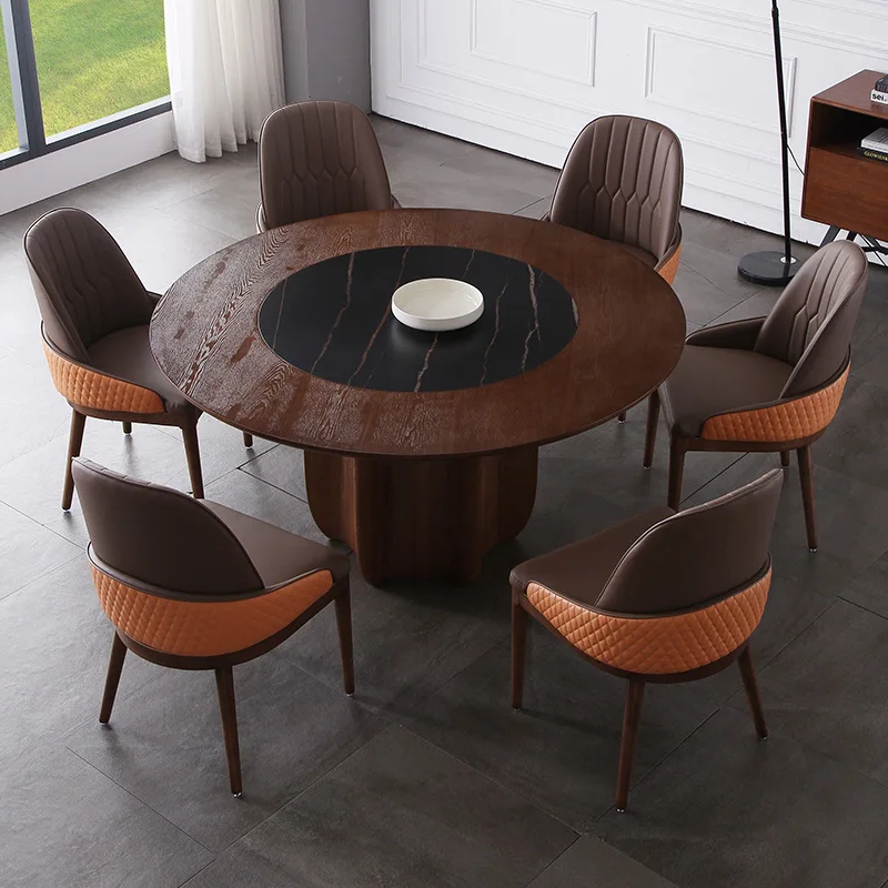 

New Chinese Style round Table Spot Embedded Turntable Dining Table round Walnut Color Round Table Large and Small Apartment Type