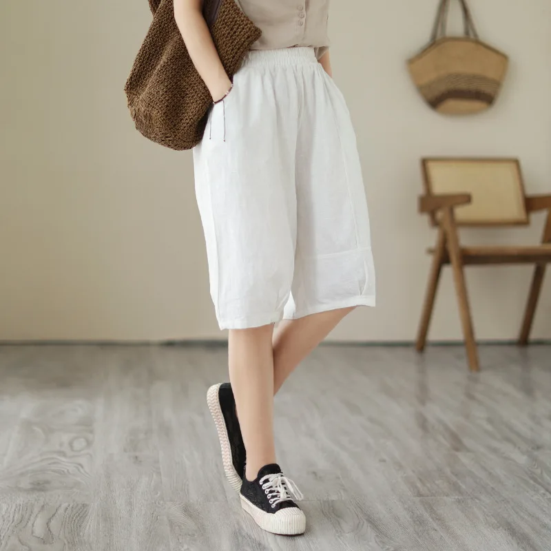 Women 2023 Summer New Solid High Waist Pocket Wide Leg Pants Casual Loose Shorts Cotton Linen Capris Elastic Waist Trousers