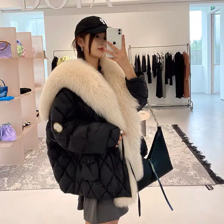 Collar thick cotton-padded jacket fur coat women's warm medium and long