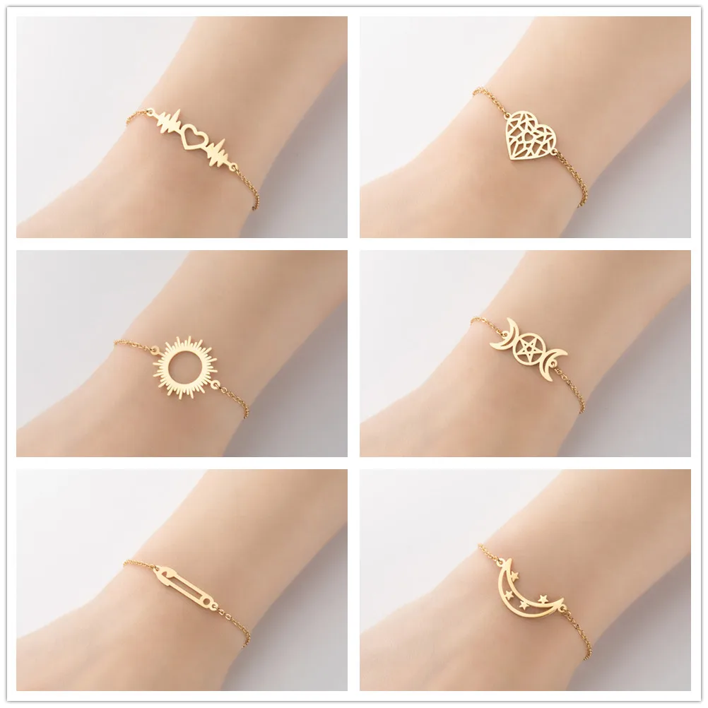 New Arrival Stainless Steel Lightening Heart Sun Muslim Moon Star Bracelets For Women Girl Paper Clip Link Chain Bracelet Bangle