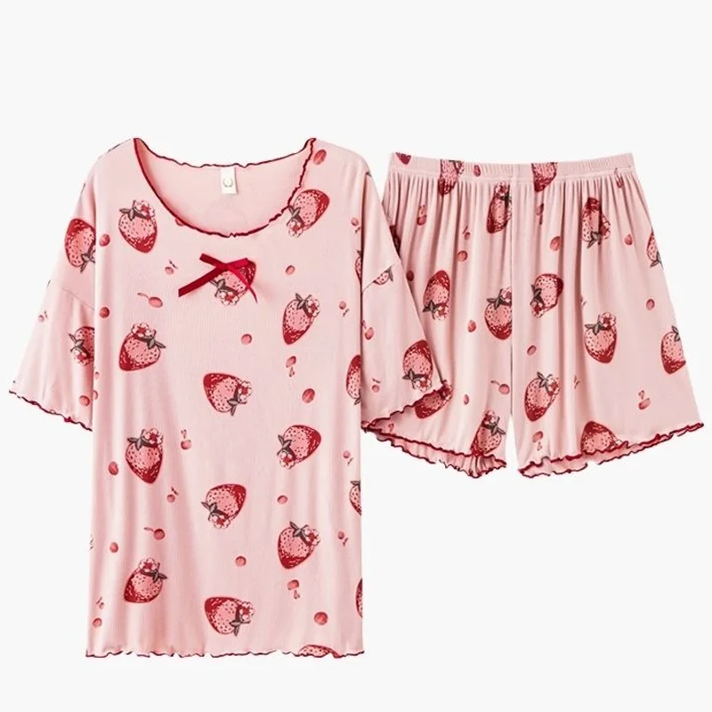 

Пижамный комплект женский с круглым вырезом, рубашка с коротким рукавом и принтом клубники, домашняя одежда, большие размеры 4XL 150 кг, на лето