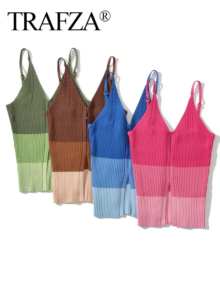 

TRAFZA 2023 Y2k Summer New Fashion Vintage Color Matching Openwork Split Sexy Women's Crop Tops Sling Vest Female Chic Camis