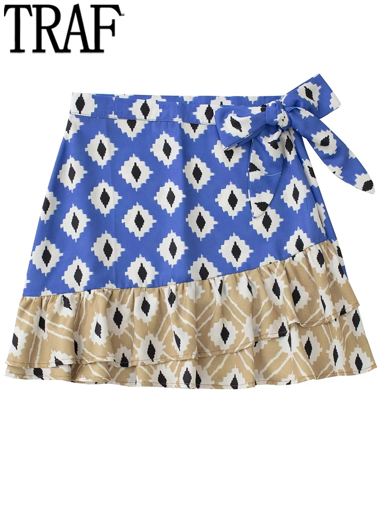

TRAF Ruffle Wrap Short Skirts Woman Printed High Wasit Mini Skirt Women Sarong Beach Skirt Suits Fashion 2022 Blue Summer Skirts