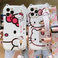 cartoon cat hello kitty 3d ears phone case for iphone 11 12 pro max x xs xr 7 8 plus silicone with lanyard wrist holder cover