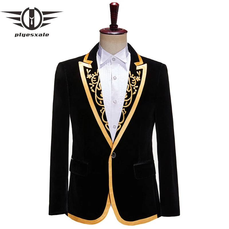 

Plyesxale Blazer Velour Homme Mens Luxury Blazer Costume Stage Suit Jacket Male Velvet Gold Embroidered Blazers For Men Q601