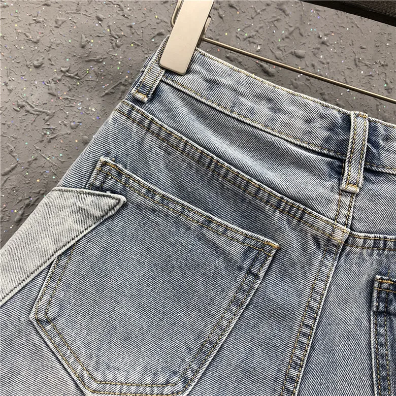 European Stitching Contrast Color Denim Shorts Women's Spring Summer New Denim Shorts Loose Casual Wide Leg Jeans Short Pants