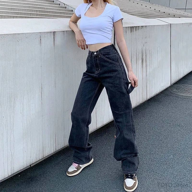 

2022 Autumn High Waist Wide Legs New Woman Jeans Smoke Grey Bf Retro Casual Ins Straight Barrel Baggy Jeans For Woman Clothing