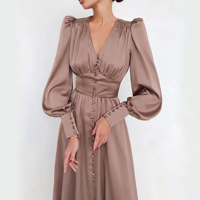 

Women Elegant Long Dress Satin Solid Color Lantern Sleeve V Neck Office Lady Vintage A-Line Party Dress Vestidos Robe Femme
