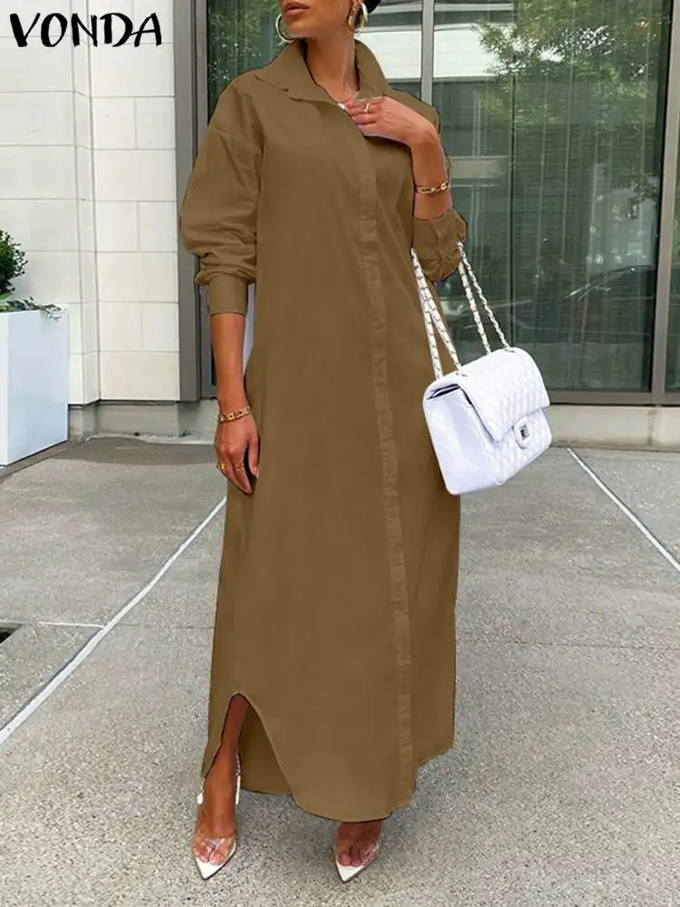 

VONDA Vintage Shirt Dress 2022 Summer Lapel Long Sleeve Party Sundress Women Casual Streetwear Button Solid Long Maxi Vestidos