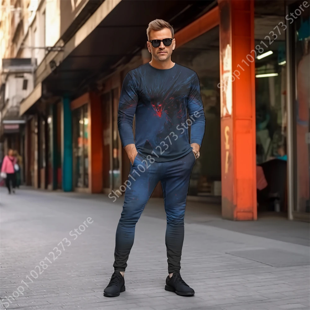 2023 New Mens Fashion Casual Long Sleeve T-shirt+Pants Set 3D Retro Demon Printing Man Tracksuit Sets Street Sports Man Clothing