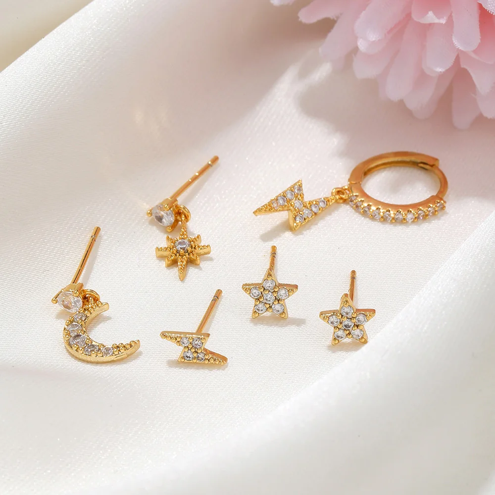 

6pcs Piercing Ear Jewelry Set Women Dainty Mini CZ Stars Moon Earrings Gold Color Cartilage Studs Korean Fashion Jewelry