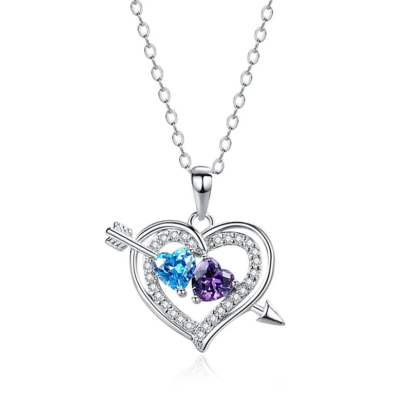 

New Two-Color Heart Shape S925 Sterling Silver Cupid's Arrow Heart to Heart Pendant Necklace for Girlfriend Gift